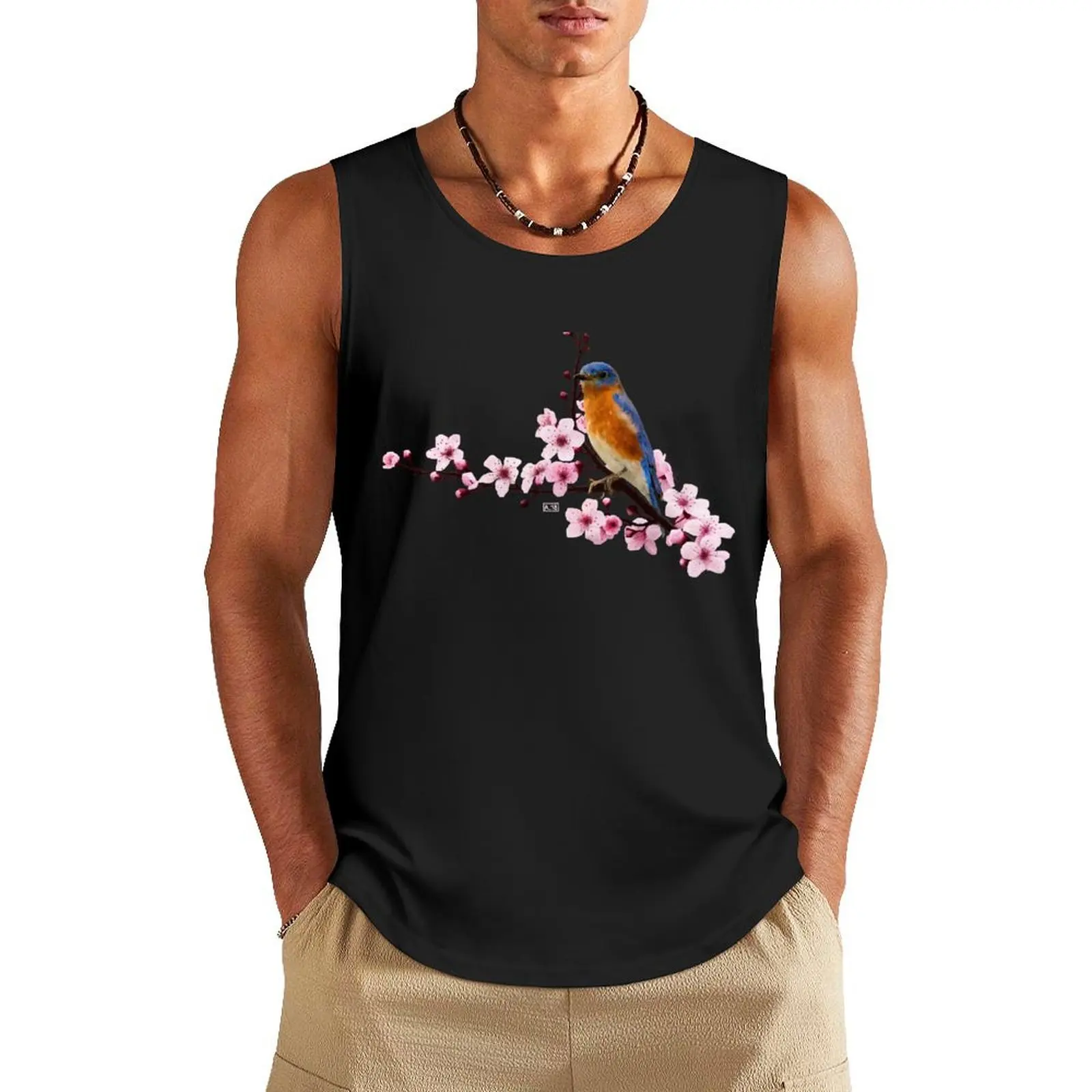 

Eastern Bluebird and Cherry Blossom Tank Top gym top Men's tops