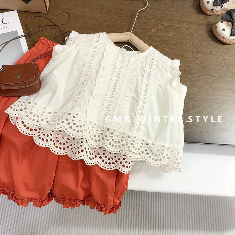 Girls Set Summer New Style Childrens Sleeveless Lace Shirt Wide Leg Pants Baby Two Piece Set Foreign
