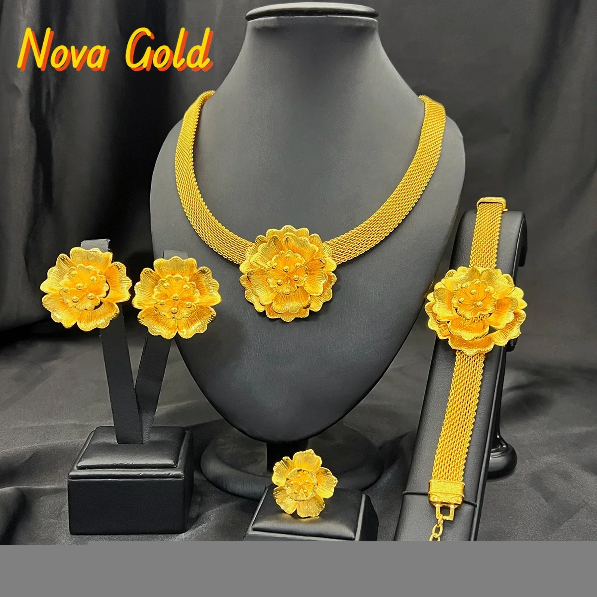 

NovaGlod Women 24K Gold AU999 Flower Tassel Necklace Earrings Ring Bracelet Bride 4-Piece Set - Pure gold gift, auspicious desig