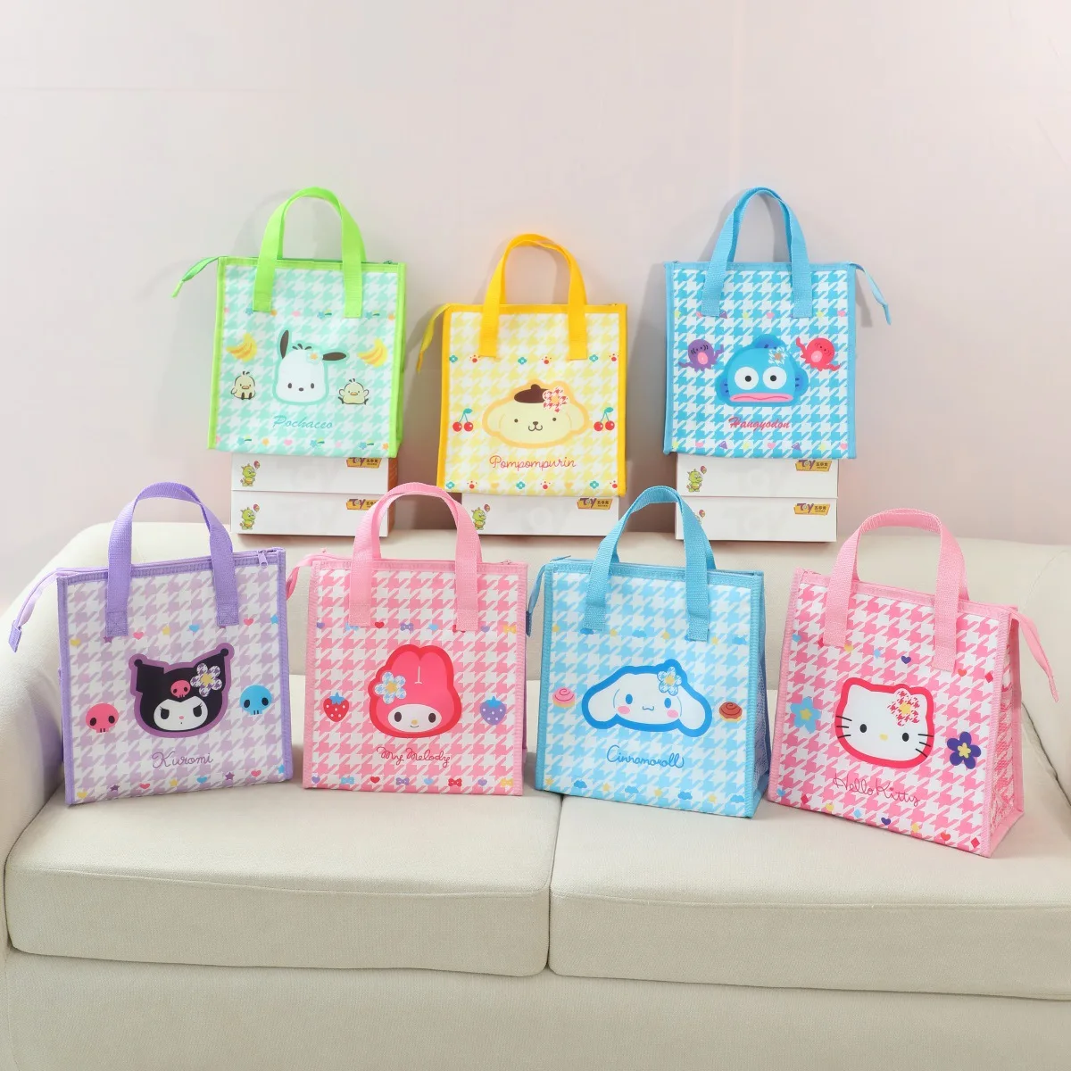 

Сумка для бенто Kawaii Sanrio с героями мультфильмов Hello Kitty, My Melody, Cinnamoroll, аниме, большая вместительная портативная сумка для обеда, портативная изолированная сумка