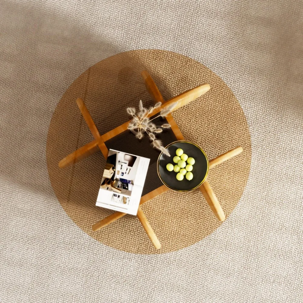 Round Coffee Table with Tempered Glass Top, Modern Center Table for Small Spaces - Sturdy Walnut Board Frame, Simple Design