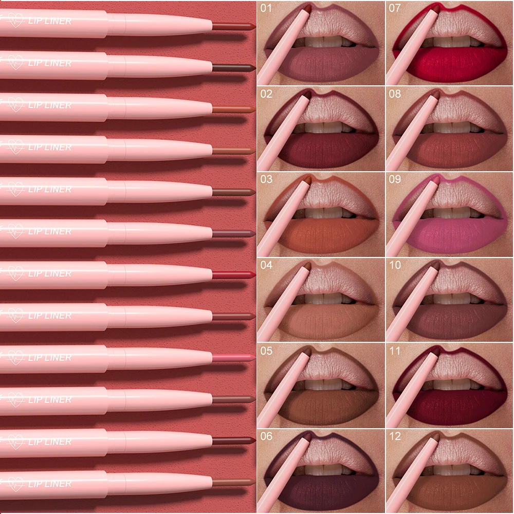 12Pcs/box Matte Lip Liner Pen Set Soft Red Contour Tint Lip Crayon Waterproof Non-stick Cup Lipliner Matte Lipstick Pencil Kit