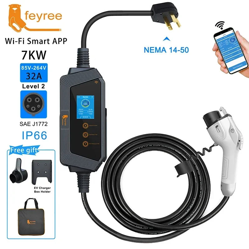 feyree Type1 Portable EV Charger 7KW 32A 1Phase J1772 Socket with 5m Cable Smart APP WIFI Control Version for Electric Vehicle