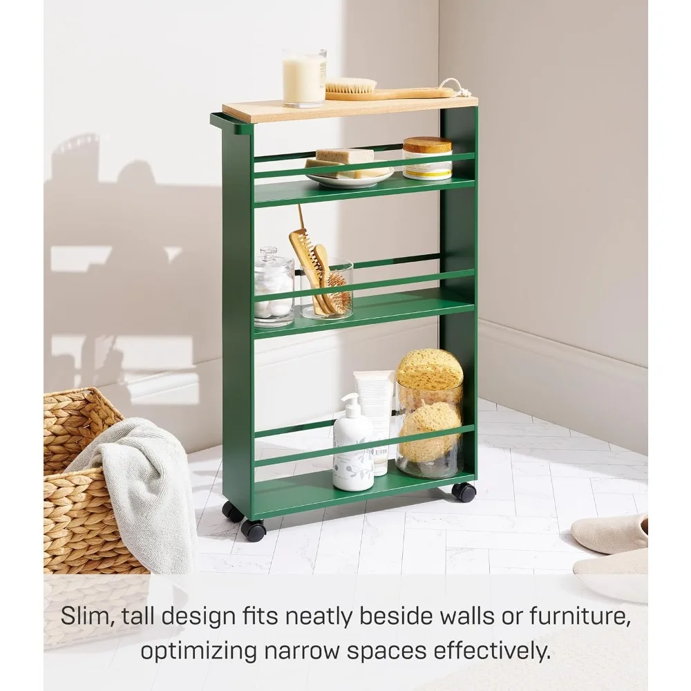 عربة أدوات دوارة من 3 طبقات موفرة للمساحة في المطبخ مع مقبض، فولاذ، أخضر غابة، تصميم نحيف للتخزين الفعال