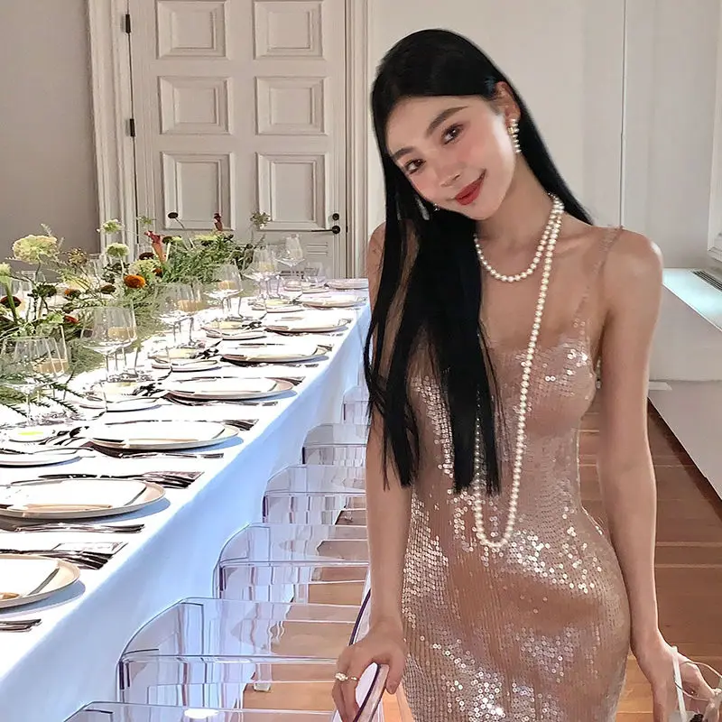 

High-class temperament gentle suspender women's thin slim dinner sequined long dress vestido feminino