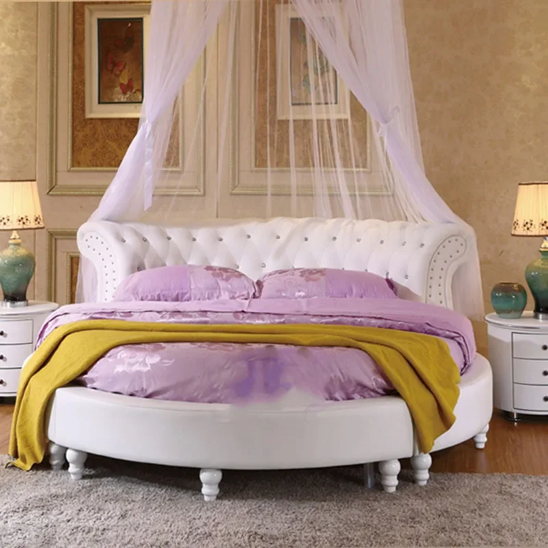 White wooden double large round bed Luxury Princess Sleep bedding leather design Nordic furniture camas dormitorio muebles