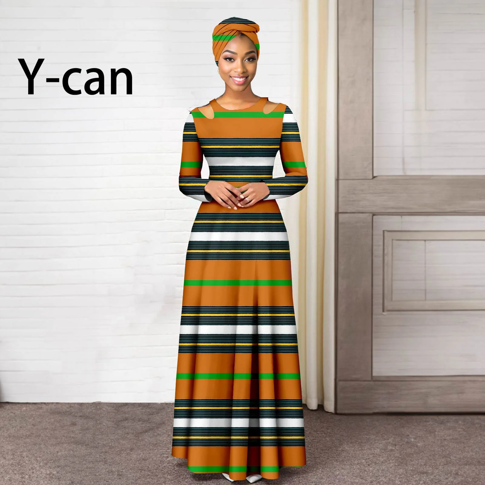 African Dresses for Women 2023 Dashiki Print Sexy Hollow Maxi Vestidos Match Headscarf Wedding Date Prom Gown Y2325104