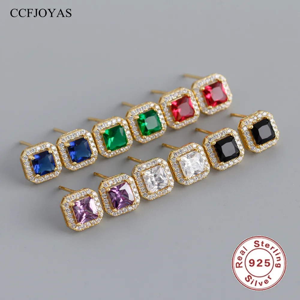 

CCFJOYAS 100% 925 Sterling Silver Retro Multicolor Square Stud Earrings for Women European and American Colorful CZ Earrings