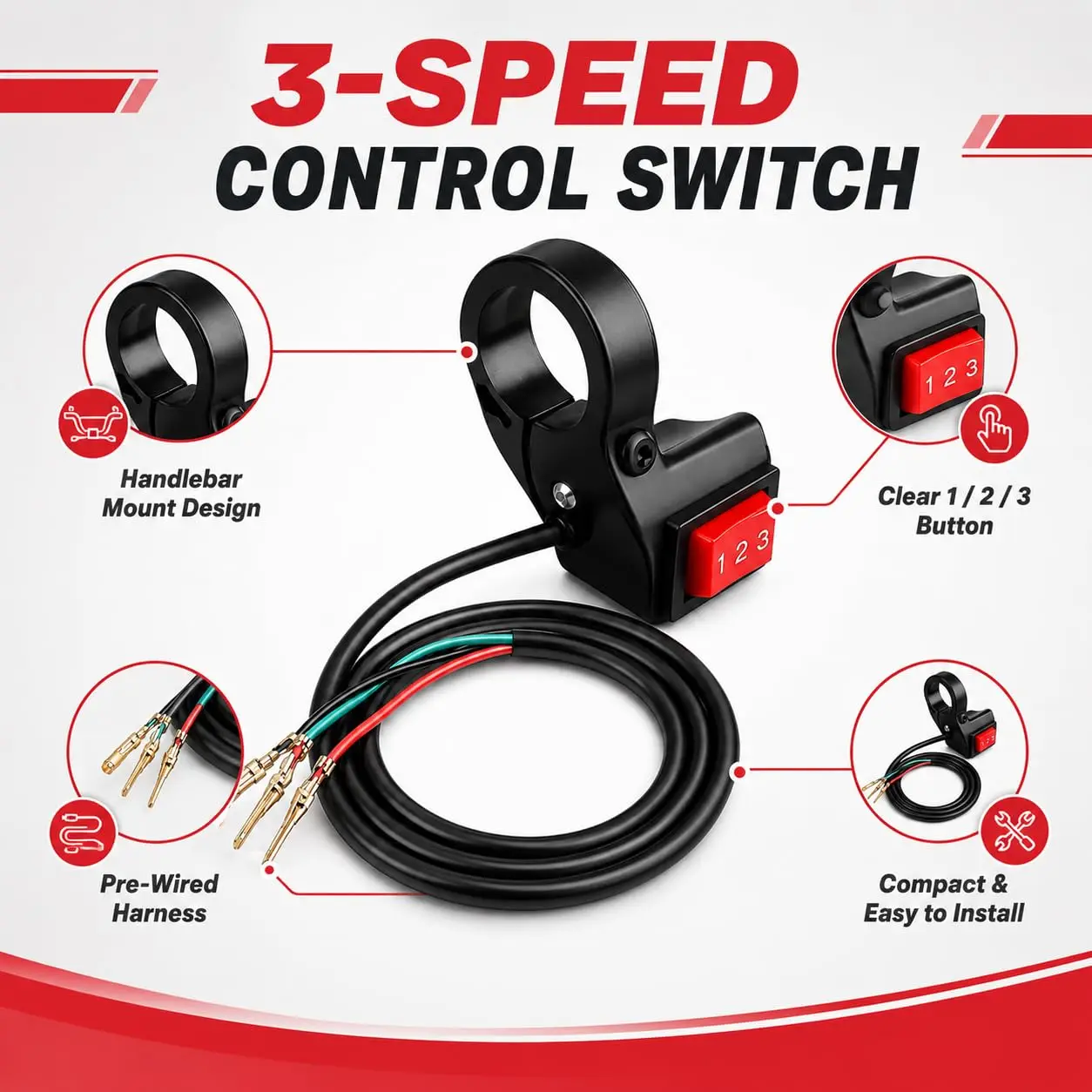 22mm Motorcycle Handlebar Control Switch 3 Speed Toggle Module 1-2-3 speed controller replacement for Ebike  electric bicycle