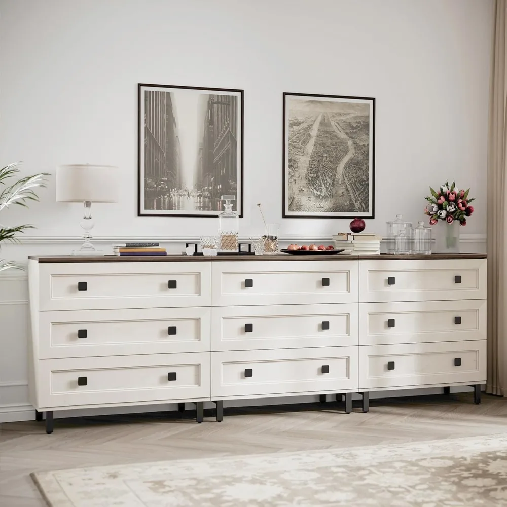 White Dresser with 9 Drawers,3 in 1 Farmhouse Modern Chest of Drawers with Spacious Storage for Bed Room,Livingroom Hallway
