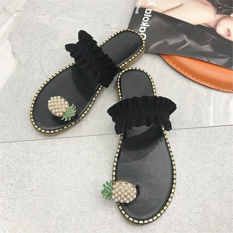 2024 Summer Casual Large Size Toggle Toe Pineapple Buckle Decorated Rose Pattern Flower Green Fruit Cool Flat Slippers