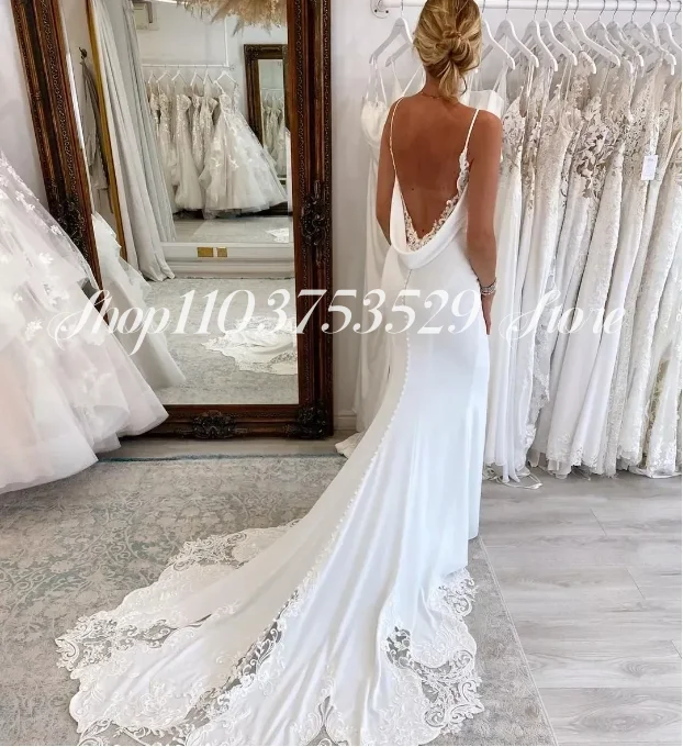 Sexy V-Neck Bridal Gowns 2025 White Backless Fashion Satin Spaghetti Straps Mermaid Long Chapel Train Custom свадебное платье