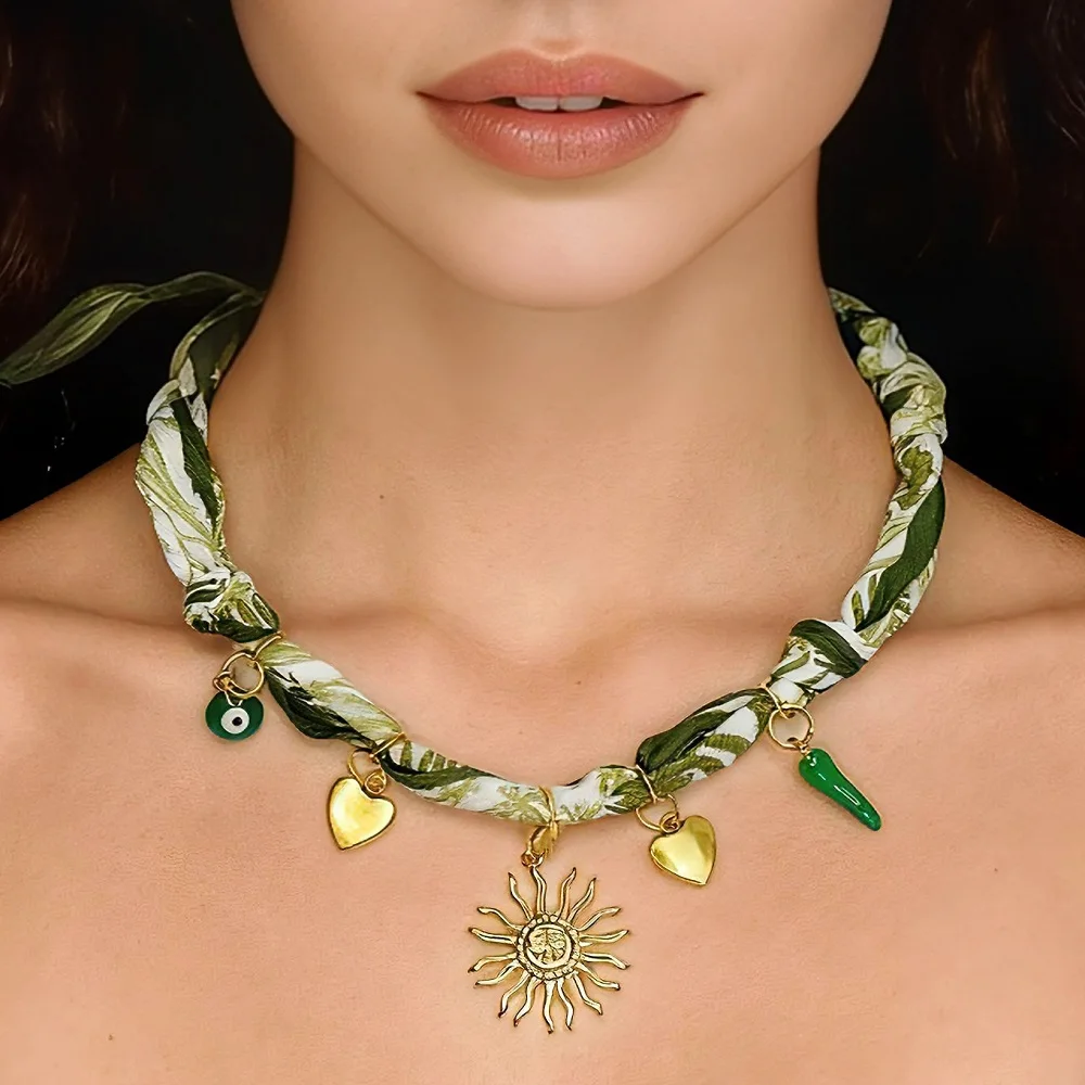 

Golden Sun Bandana Necklace Adjustable Choker with Heart, Chilli, Pearl Charms Vintage Jewelry Gift