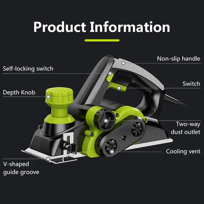 220V 1500W-2000W Pialla a mano elettrica 13000RPM Utensili elettrici per taglio del legno 0-2mm Profondità di taglio regolabile Pialla Kit pialla per la lavorazione del legno