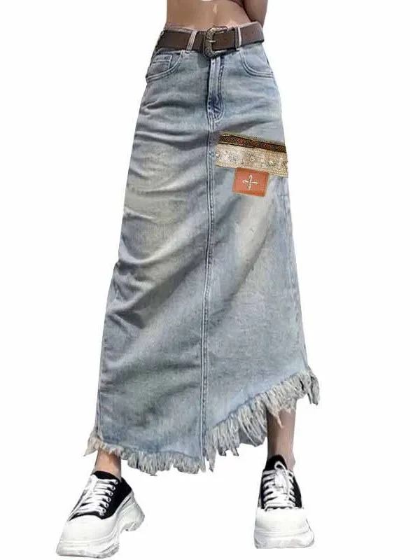 Over-Knee Denim Skirt Women's Spring New Heavy Embroidery Beaded Slit Slimming Vintage Long Skirt High Waist Zipper Style
