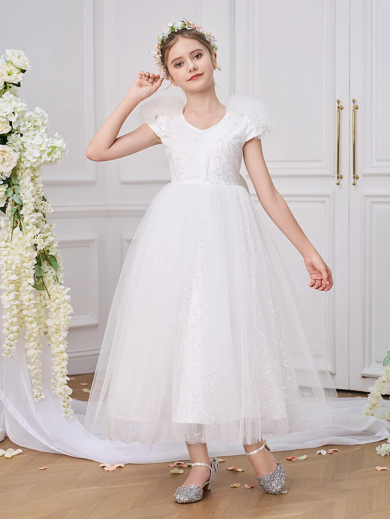 Bowknot Puffy Dress For Girls Elegant Backless Evening Dress Flower Girl Wedding Dress Baptismal White Dress Kids Party Dresses