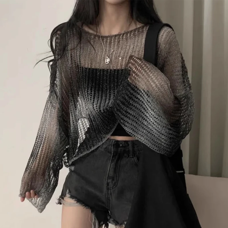 

Chic adient Hollow out Knitwear Long Sve Women's Loose Sunade Cover up Top Irregular Design Korean Sle Commute Wind