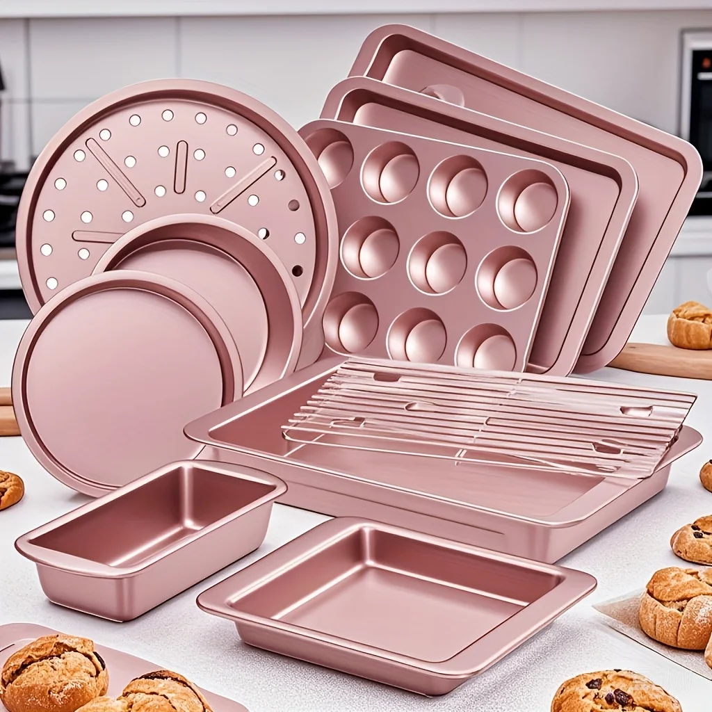 

Set of 10 Non-Stick Baking Pans - Premium Carbon Steel Bakeware Collection with Cookie Sheets, Muffin Tray, Roasting Dish, Cake Tin, Baking Tray, And Pizza Pan - to Clean