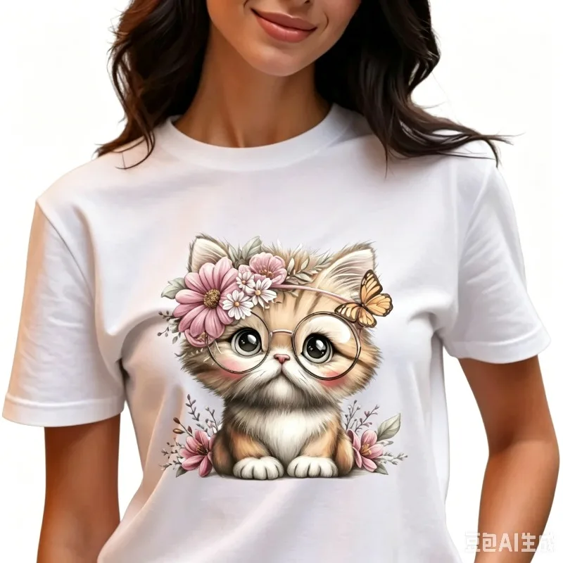 Women's Cute Cat T-shirt, Floral Butterfly Graphic Tee, Black and White Options