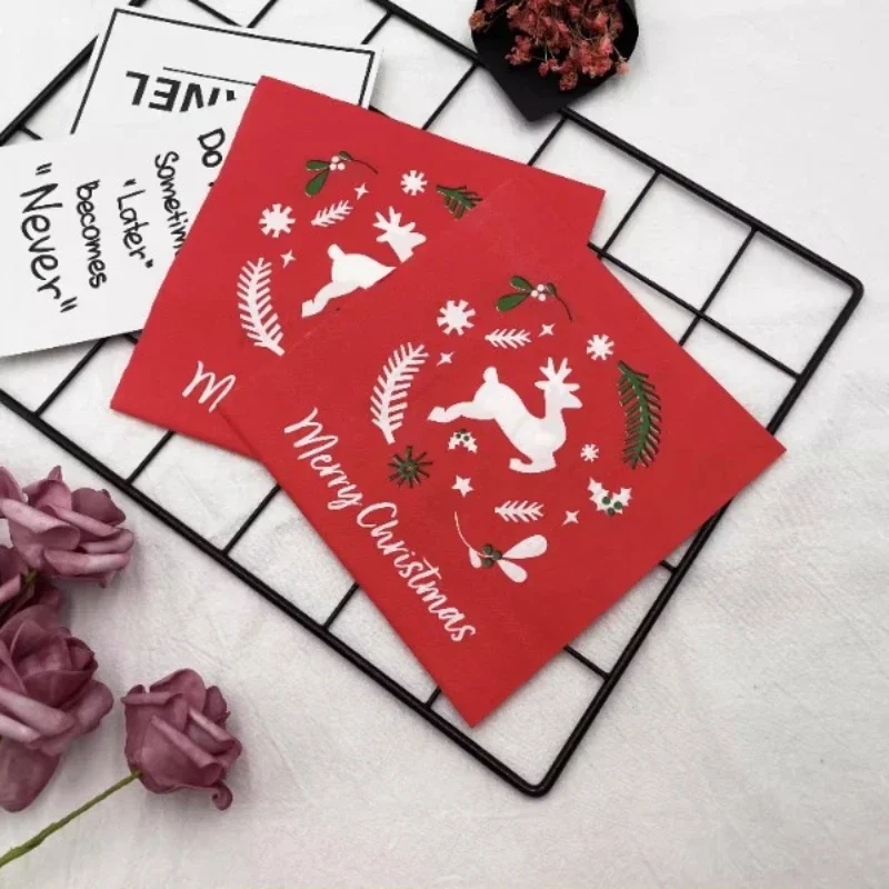 20 Pcs 33cm 2-Layer Christmas Party Red Floral Print Napkins, Elk-themed Tablecloths, DIY Decoupage Paper