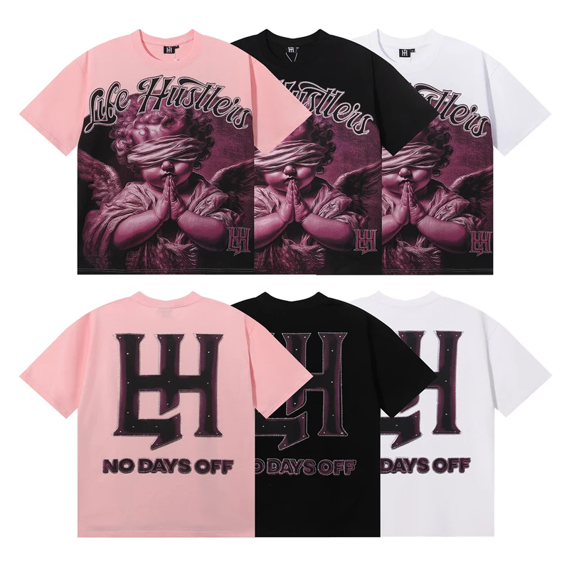 Life Hustlers T-shirts Prayer Pink Hot Diamond Cotton Double Yarn Short Sleeved T-shirt Men Women Casual Tops Tee