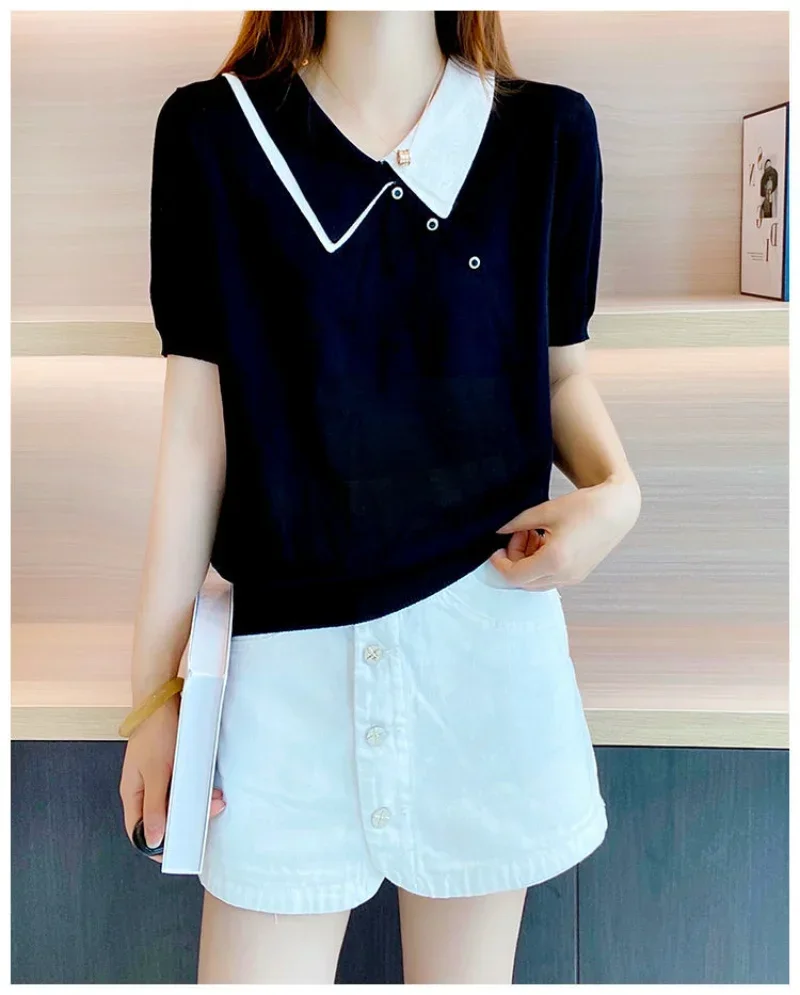 Black Clothing Polo Neck Shirts For Women T-shirt Woman Button Tops Short Sleeve Tee White Offer Trend Popular Youth Aesthetic V