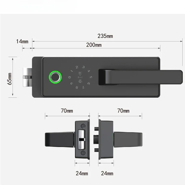 hotsale smart tempered access control office frameless sliding type black tinted security main glass door lock for 10-12mm glass