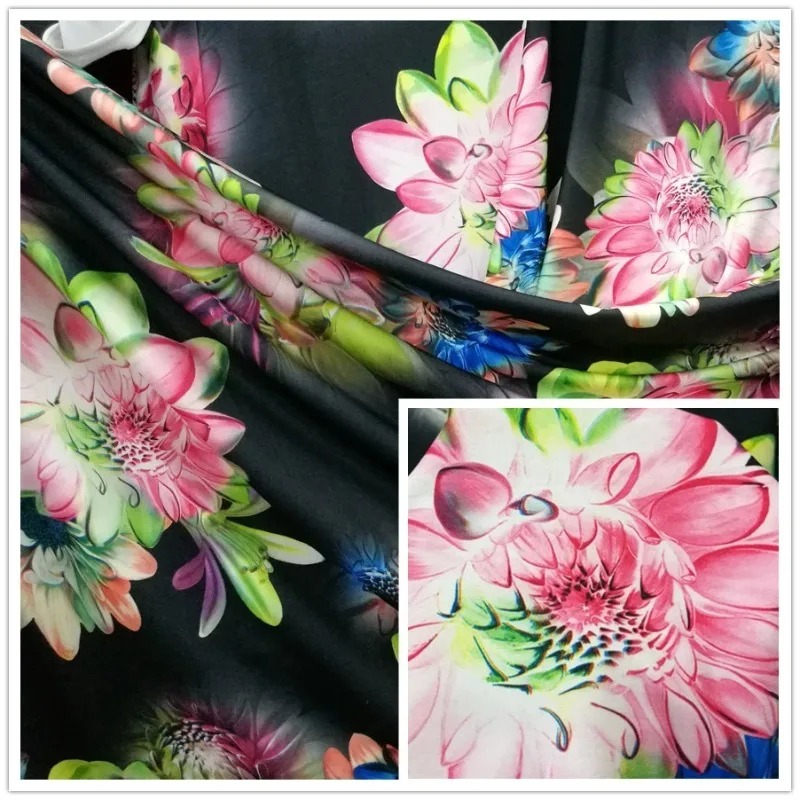 

Elegant Black Lotus Knitted Printed Fabric Four Sided High Elasticity Swimsuit Cheongsam Top Dress Long Skirt Fabric Wholesale