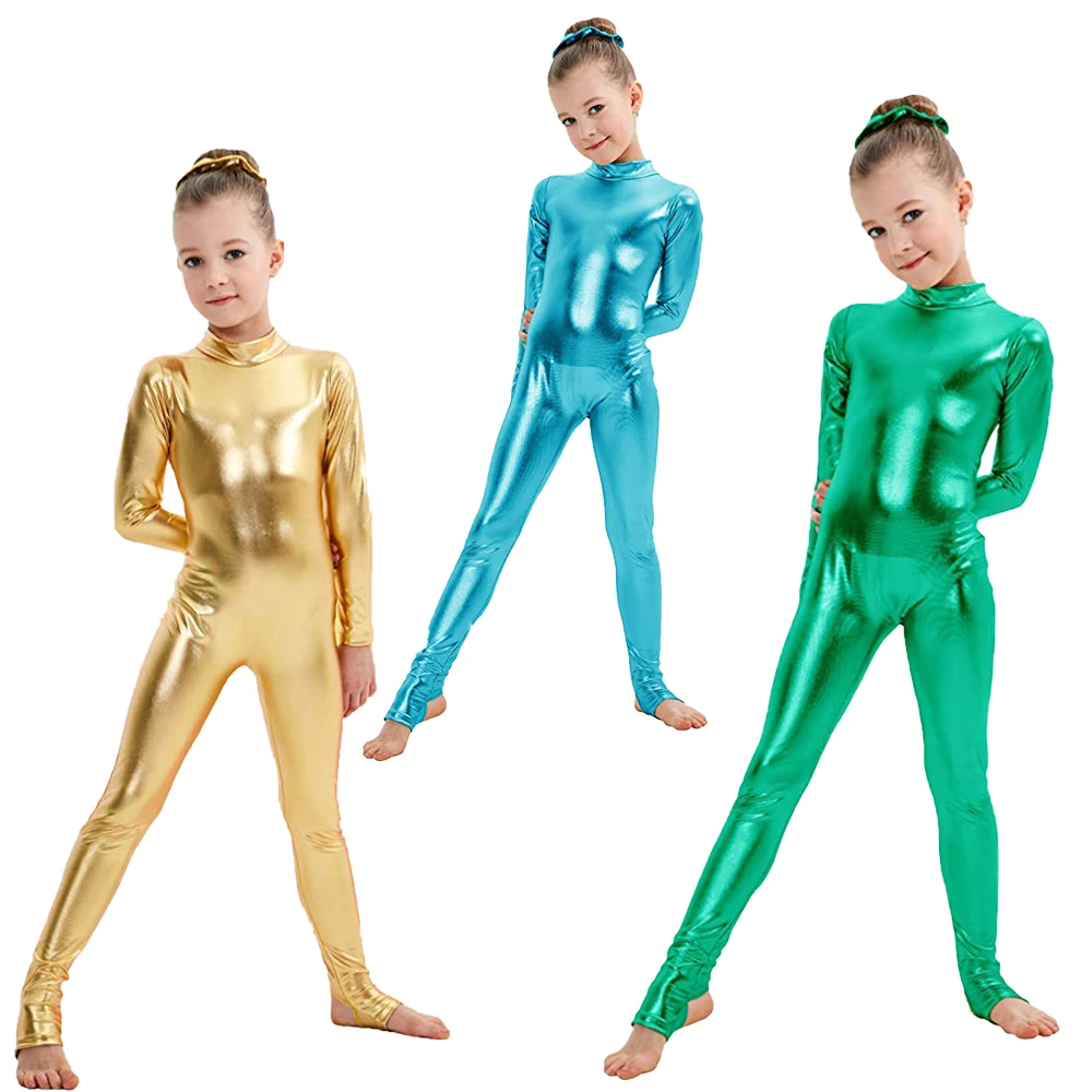 Bé Gái Sáng Bóng Dancewear Diễn Sân Khấu Trang Phục Trẻ Em Tay Dài Kim Loại Unitards Stirrups Nhảy Thể Dục Dụng Cụ Leotards