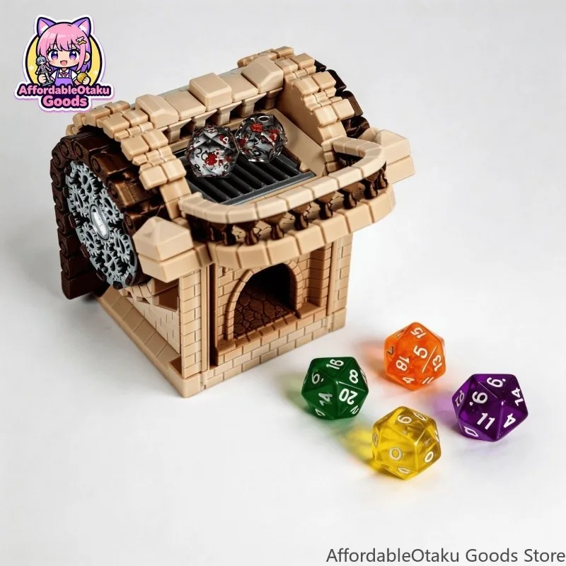 Automatic Mechanical Dice Tower, 3D Printed Castle Gear Dice Roller with Tray for DND RPG Tabletop Game Accessory
