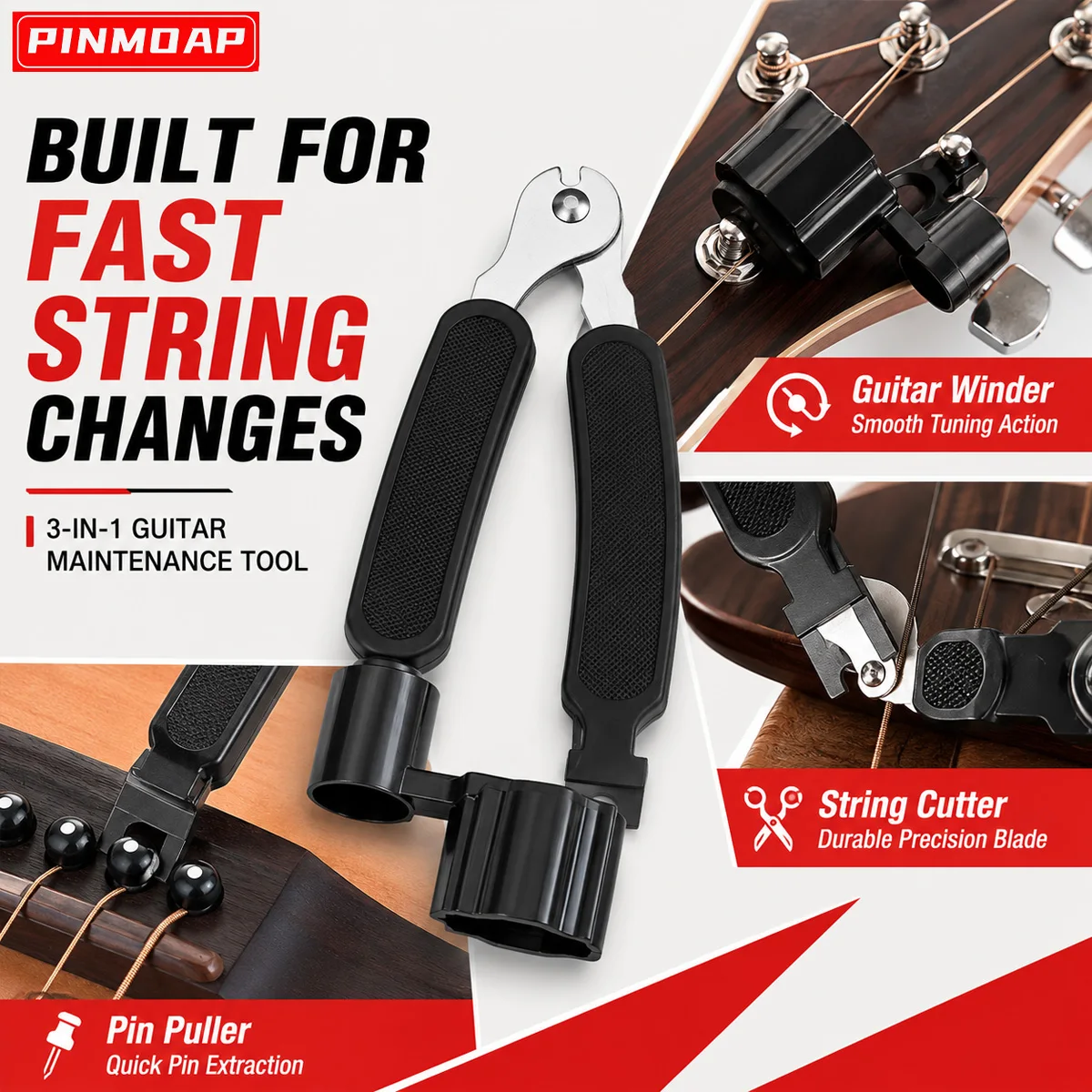 PINMOAP Guitar String Winder Cutter Tool 3 in 1 Multifunction Guitar Repair Kit with Bridge Pin Puller for Fast String Change
