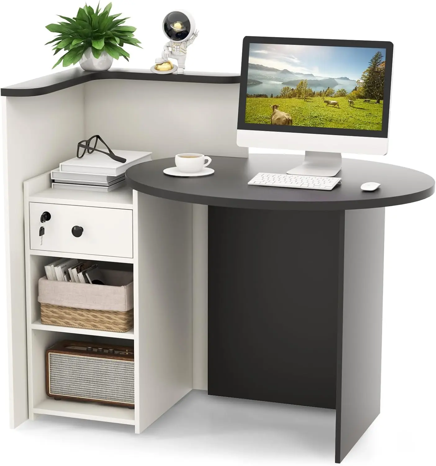 Reception Desk, Front Counter Desk with Lockable Drawer & Adjustable Shelf, Retail Counter for Checkout