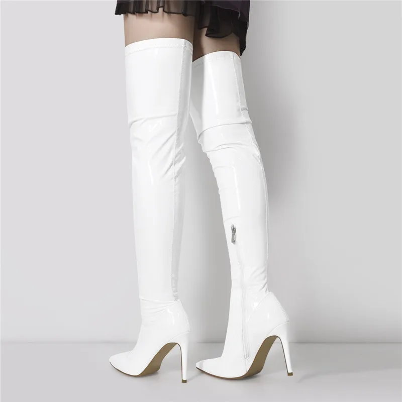 Onlymaker Women Pointed Toe Side Zipper Patent Leather Thin High Heels Concise Sexy Party Over The Knee Spring Autumn  Boots