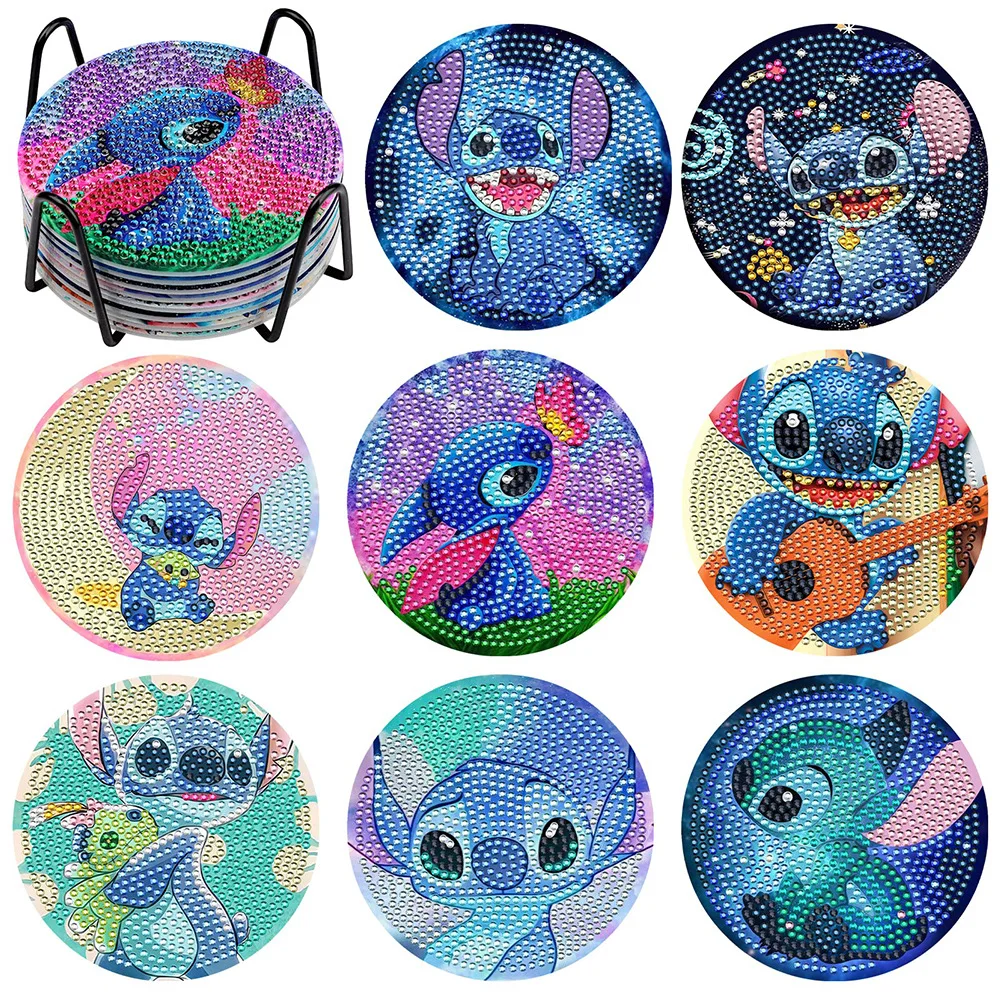 

Hot Selling Stitch Diamond Painting Coasters with Holder 8pcs DIY Creative Cartoon Character Souvenirs New Arrival