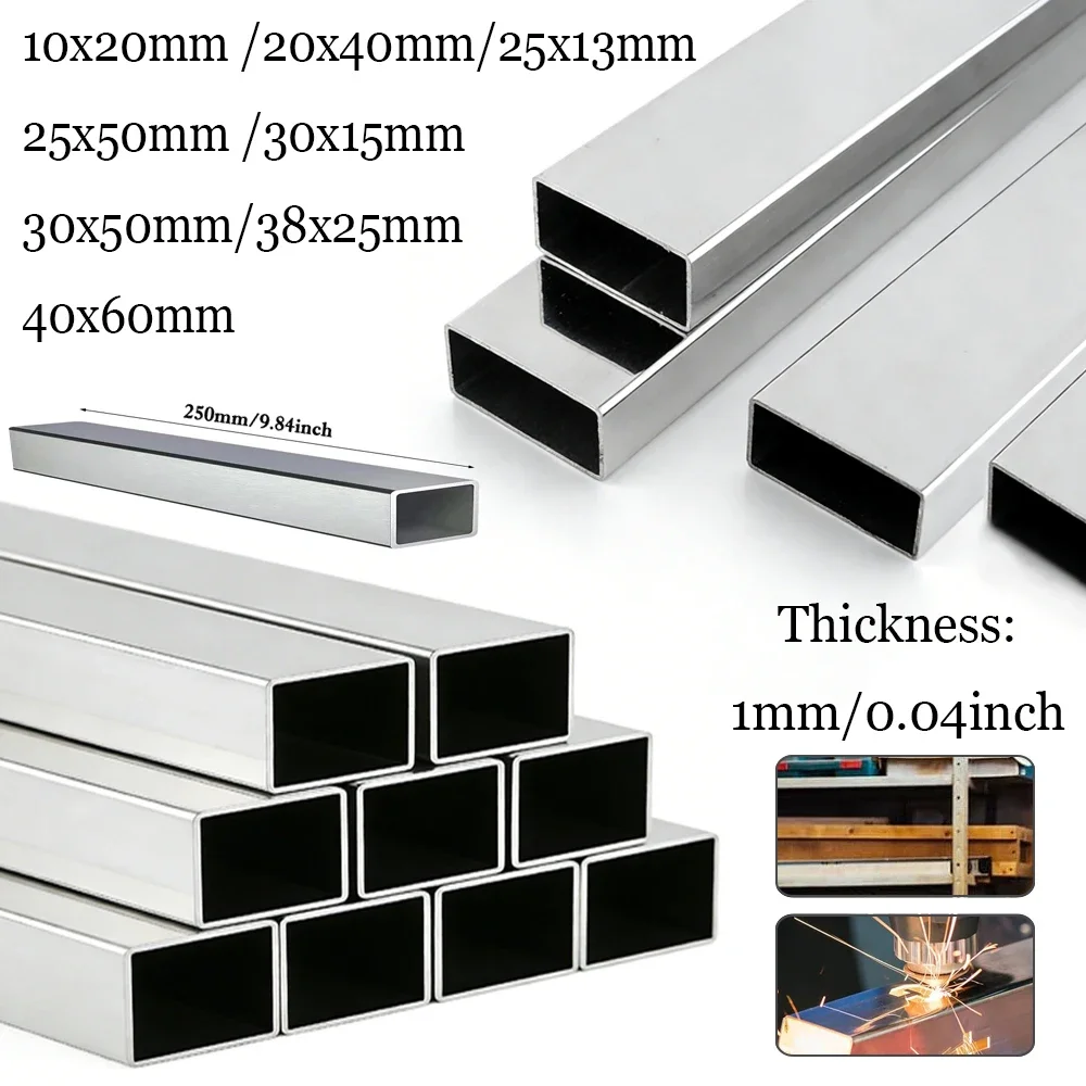 1-5Pcs 304 Stainlesss Steel Square Tube, 250mm Length 1mm Wall Thickness Hollow Metal Tubing for Frame Structure & Craft DIY