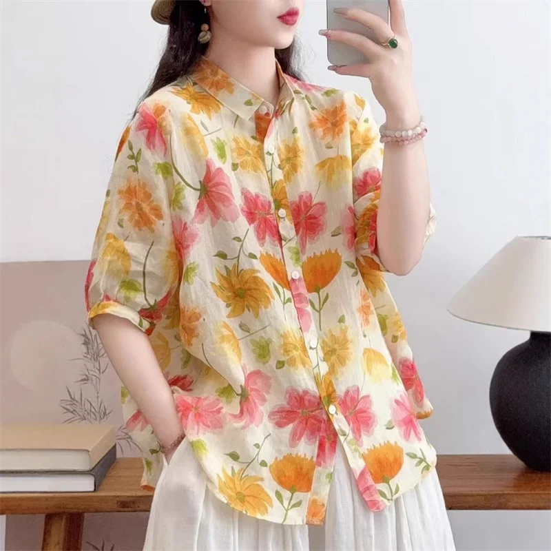 

Свободные блузки Ramie большого размера, женские рубашки, летние тонкие топы, кукольные рубашки с короткими рукавами, женские винтажные удобные повседневные рубашки