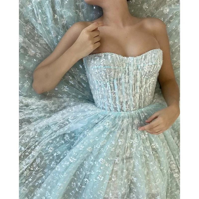 

2024 Bling Bling Formal Party Dress Sky Blue Sweetheart Backless Prom Dress Strapless Sleeveless Ruffles Tulle Vestidos De Noche