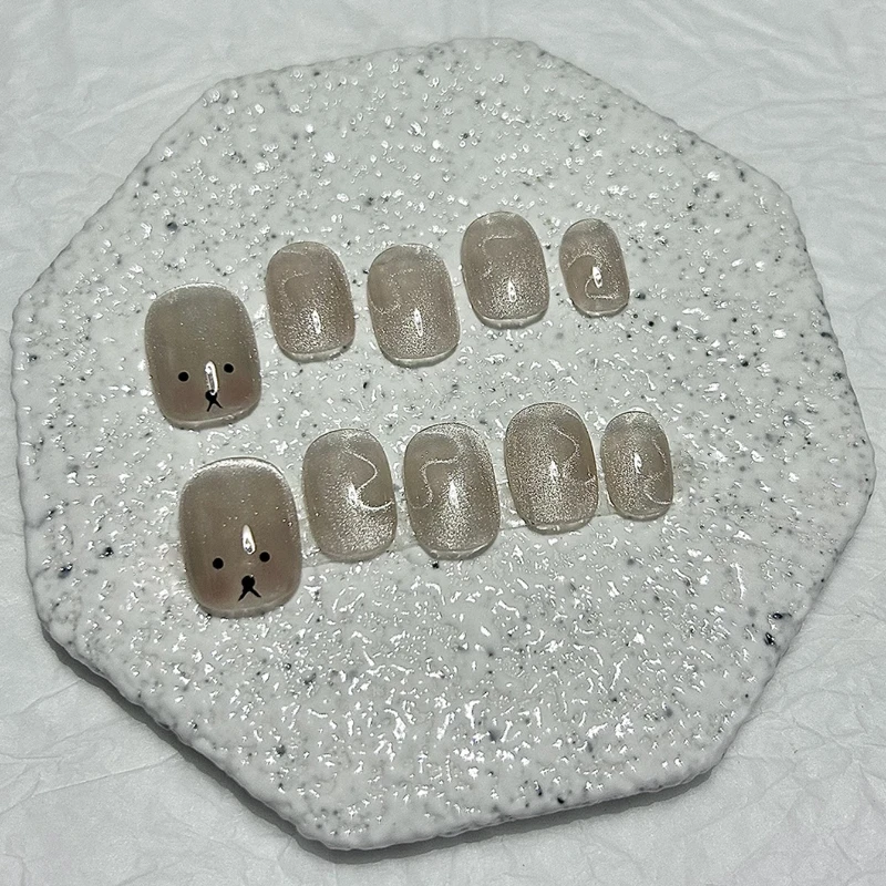 10 Pieces Sweet and Cute Daily Short Handmade Press On Nails Shiny Cat Eye Heart Puppy Fake Nails Removable Reusable
