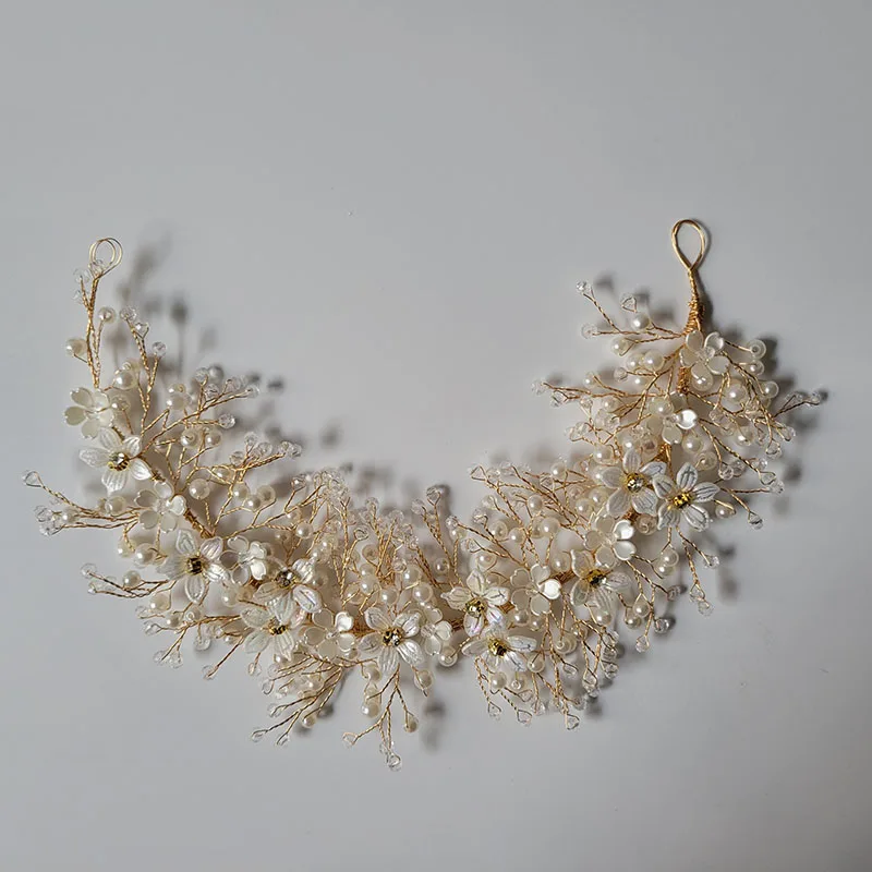 SLBRIDAL Handmade Ceramic Flower Leaf Pearls Bridal Headband Hair Comb Hair Pin Wedding Headpiece Hair Accessories Women Jewelry