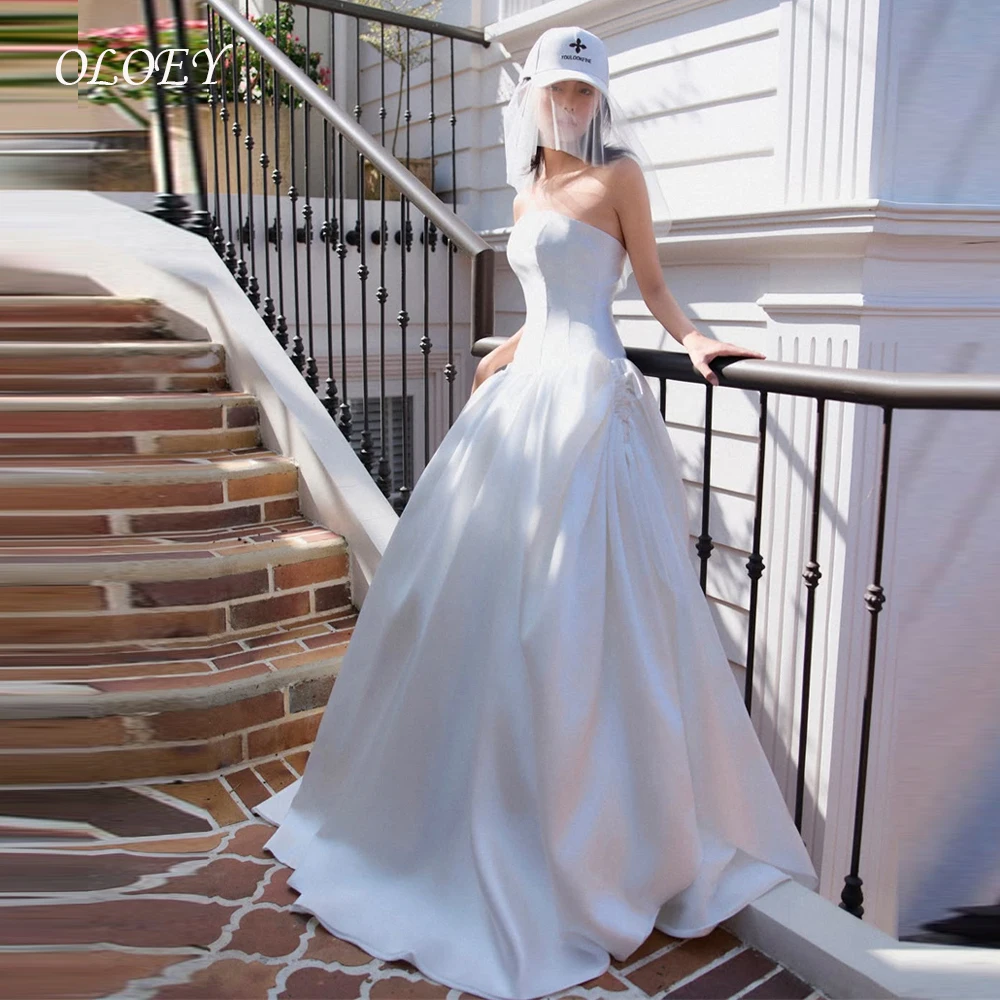 

OLOEY Strapless Thick Satin A Line Wedding Dresses Korean Women Floor Length Bridal Gowns Formal Reception Dress Customized