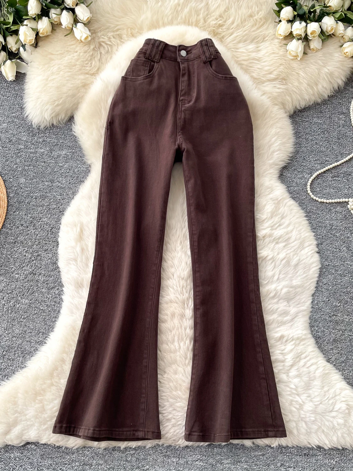 

Retro High Street Casual High Waist Bell Bottom Jeans Women's Deep Color Slimming Versatile Long Pants Spring Season
