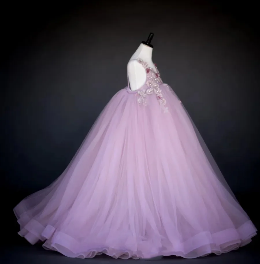 ライトパープルフラワーガールドレス結婚式用レースアップリケノースリーブボールガウン女の赤ちゃんの誕生日ボールガウンカスタマイズ
