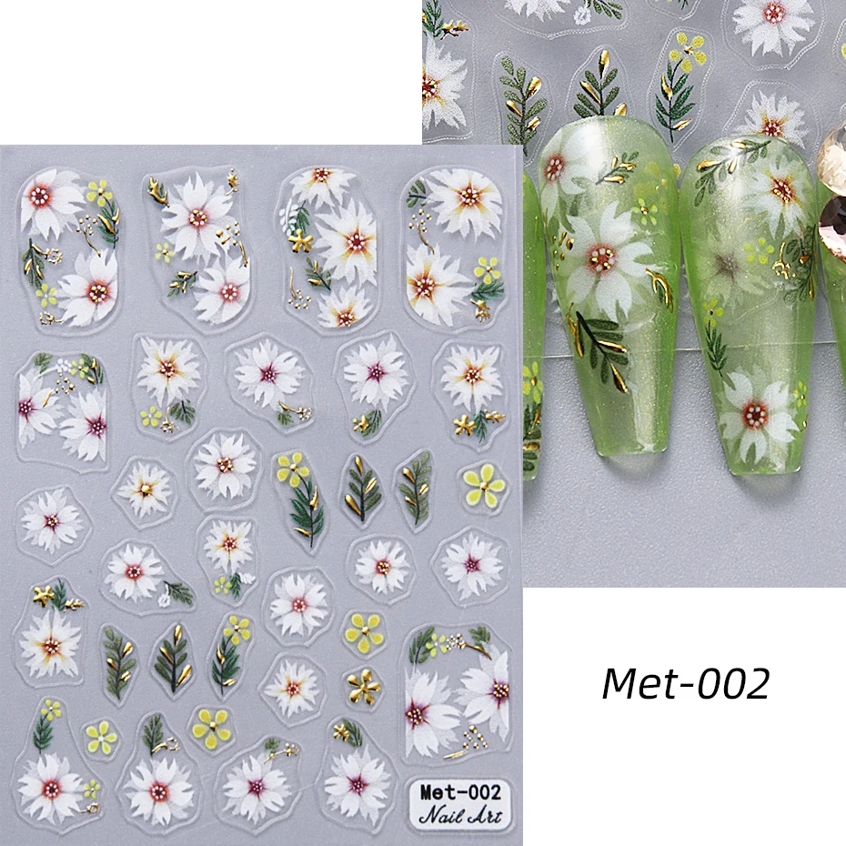 1-2 stuks Gouden Lijn Kersenbloesem 3D Nail Art Stickers Lente Perzik Bloemen Daisy Bloemen Gouden Bladeren Nail Decals Voor DIY manicure