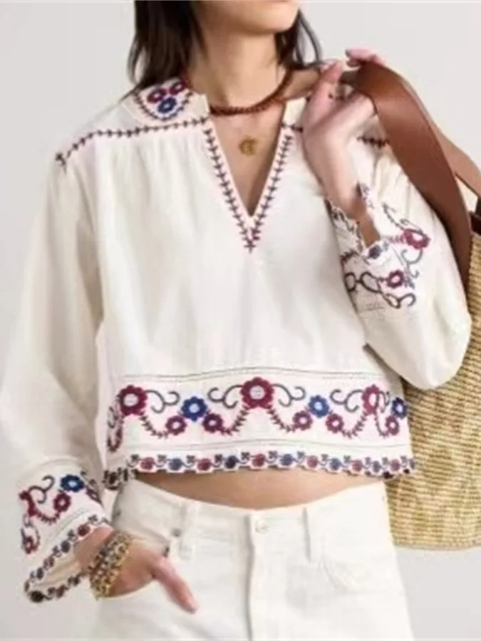 

Women's Shirt 2024 New Spring Autumn Embroidery V-neck Loose Vintage Long Sleeve Blouse