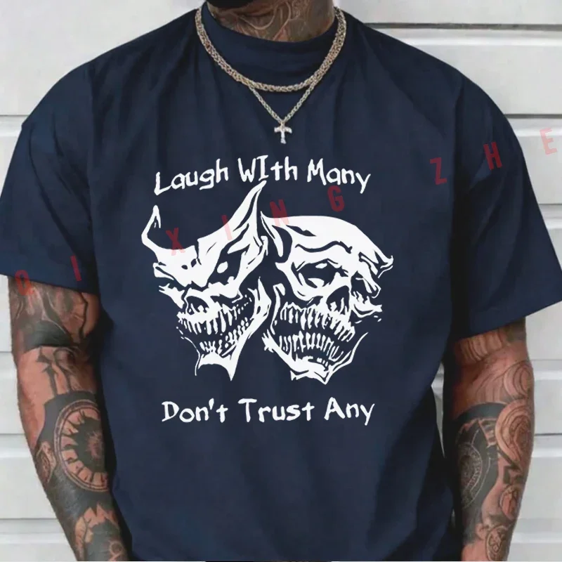 2026 Men T Shirt Funny Skeletal Face With Laugh With Many Don't Trust Anyone Print Moto T-Shirt Cotton Summer Short Sleeve Tops 2
