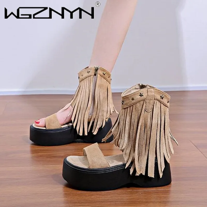 New Retro Fringe Ankle Open Toe Sandals Women New Platform Side Zipper Chunky Heel Sandals Ladies Casual Shoes Zapatos De Mujer