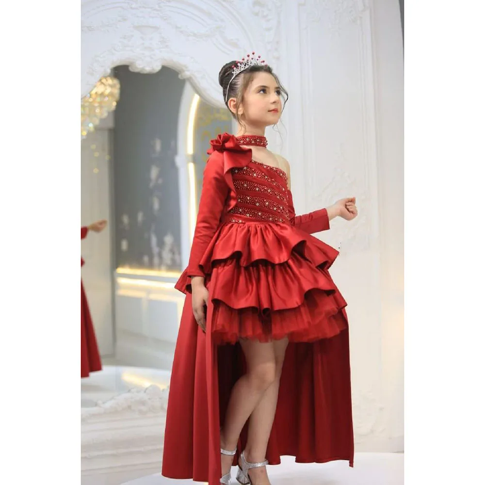 Exquisite Red Christmas Dresses for Girls Strapless Full Sleeves Above Knee Length Cloak Princess Children's Mini Ball Gowns