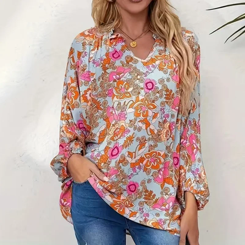 

Plus Size Women's Shirt, Flower Print V-Neck Long Sleeves, Ruffled Collar Basic Style, Casual Vacation Lightweight Top