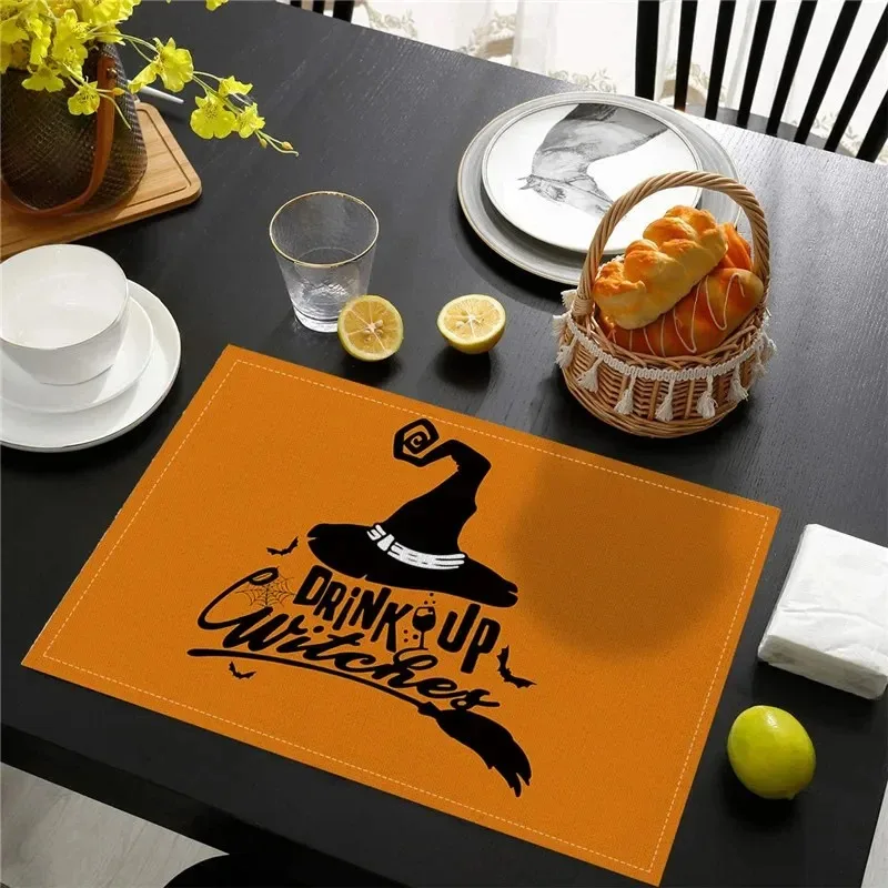 Halloween Pumpkin Black Cat Placemats Festival Kitchen Cotton Linen Dinning Table Mats Bowl Coffee Cup Pads Mats Home Decor