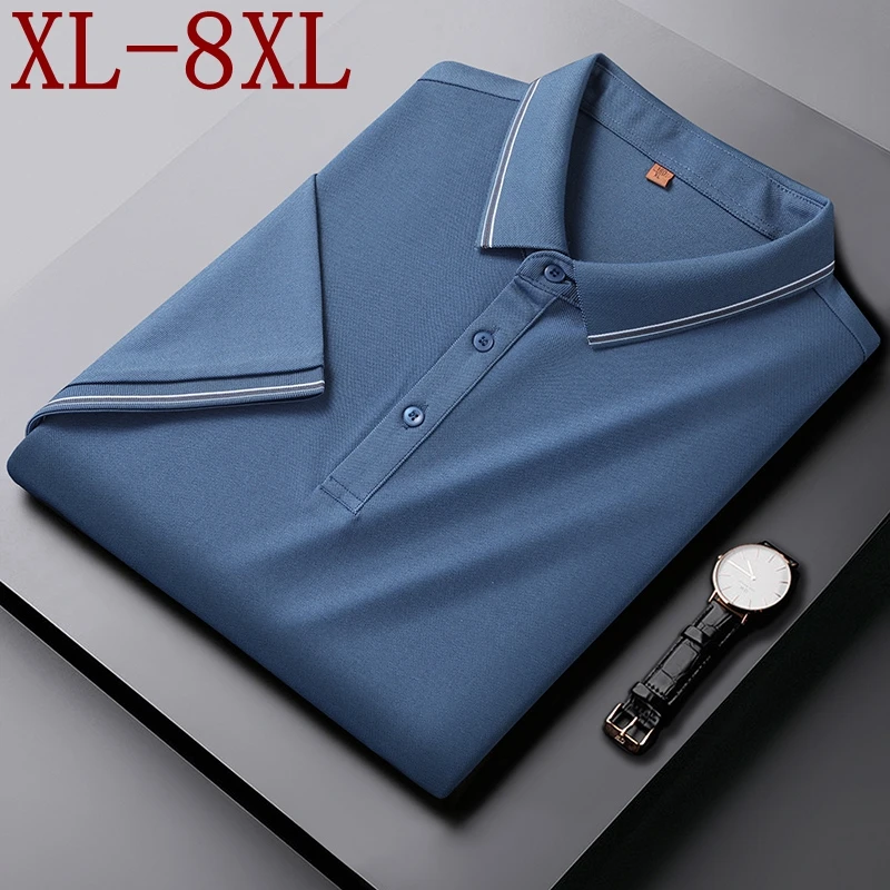 8XL 7XL 6XL New Summer Top Grade Luxury Silk Polo Shirt Men Short Sleeve Lapel Mens Shirts Business Loose T-shirt Man Clothing